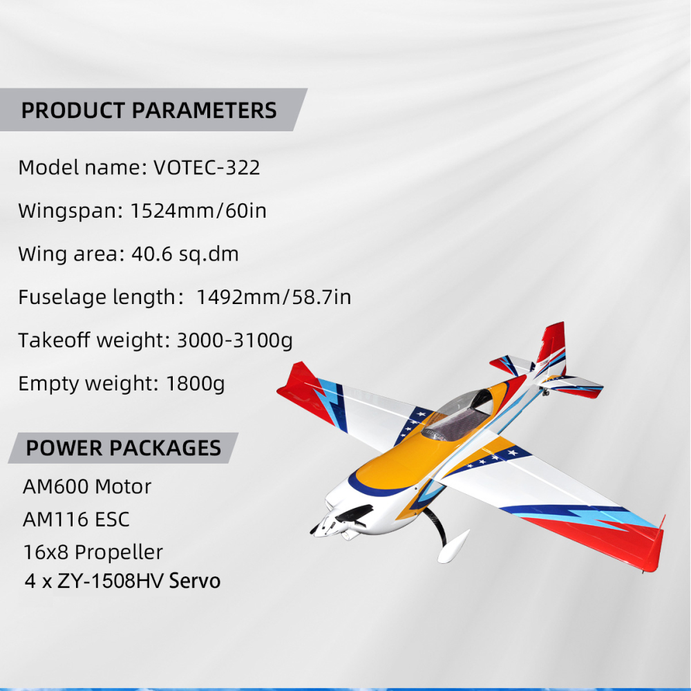 PurAr 60 inch VOTEC322 70E Fixed Wing Light Wood Aircraft Electric Quick Detachable Wing PNP