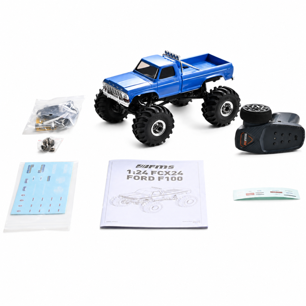 FMS 1/24 FCX24 Smasher Ford F100 RC Monster Truck, Licensed Classic Pickup RC Crawler with Magnetic Body