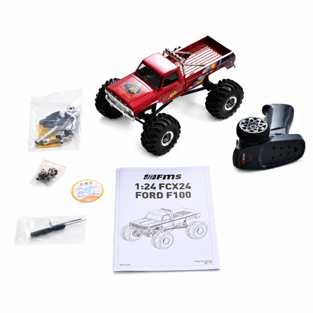 FMS 1/24 FCX24 Smasher Ford F100 RC Monster Truck, Licensed Classic Pickup RC Crawler with Magnetic Body