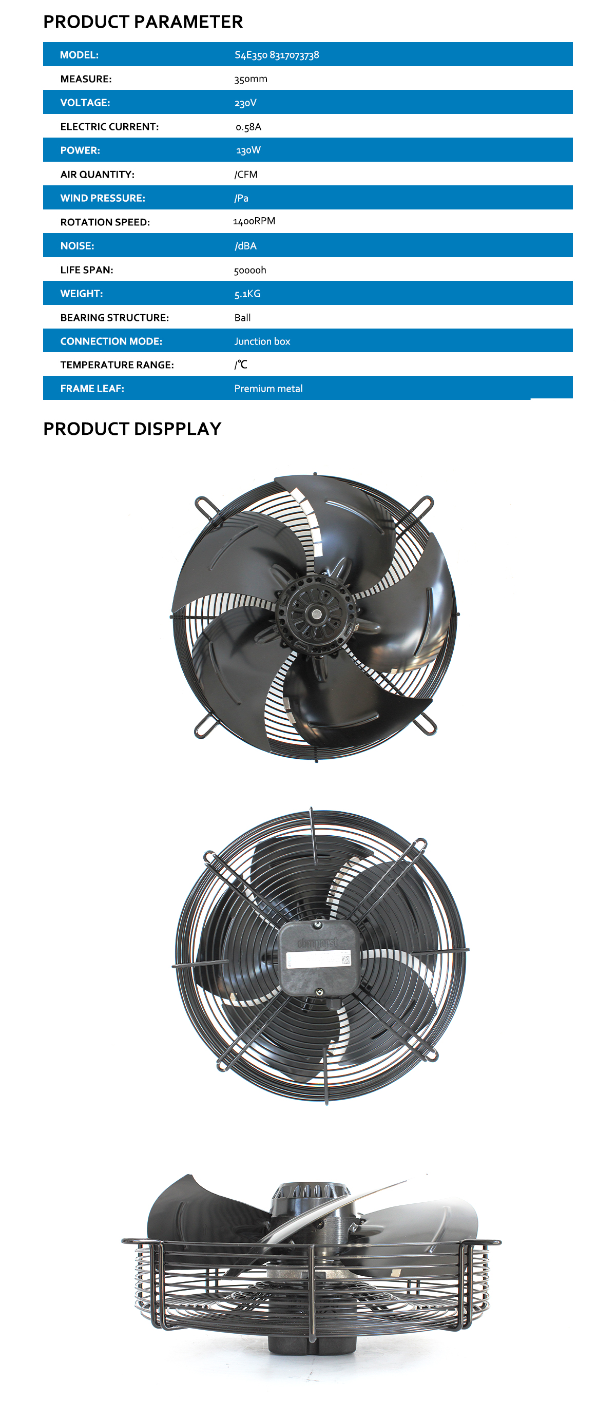ebmpapst outer rotor axial fan industrial axial fans 350mm 230V 0.58A ...