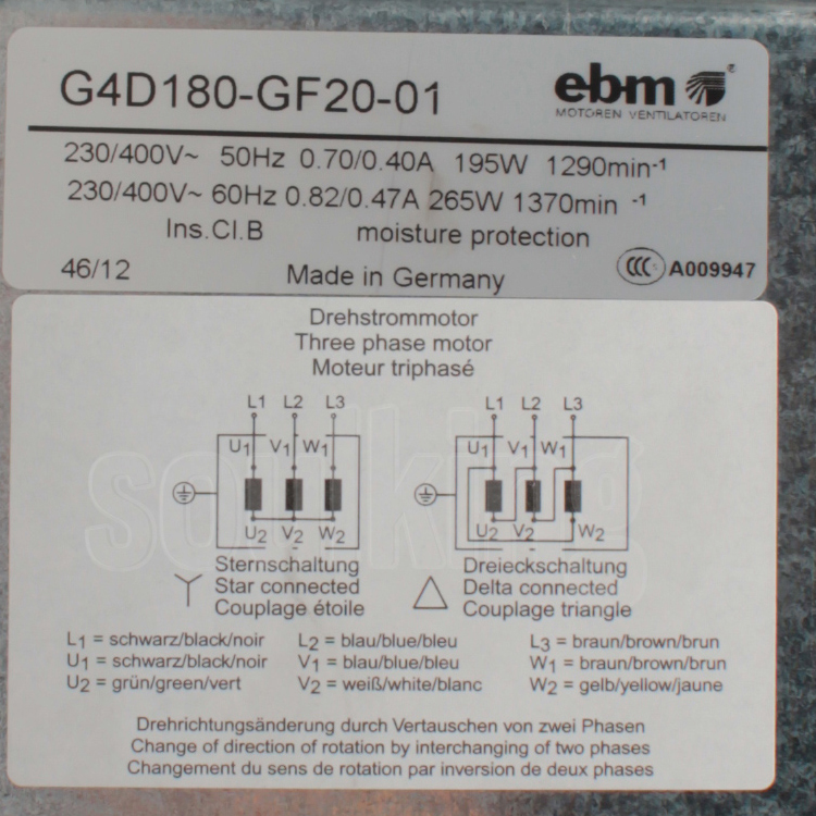 ebmpapst 180 blower fan 230v centrifugal blower fan 180mm 230V/400V 0.70/0.40A 195W G4D180-GF20-01