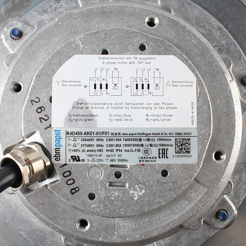 ebmpapst inverter fan cooling industrial ac centrifugal fan 450mm 400V 740/1200W R4D450-AK01-01/F01