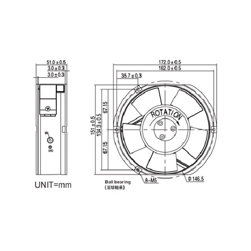In stock KAKU 17251 220-240V brand new ball waterproof fan, electrical cabinet fan 17cm chassis fan KA1725HA2