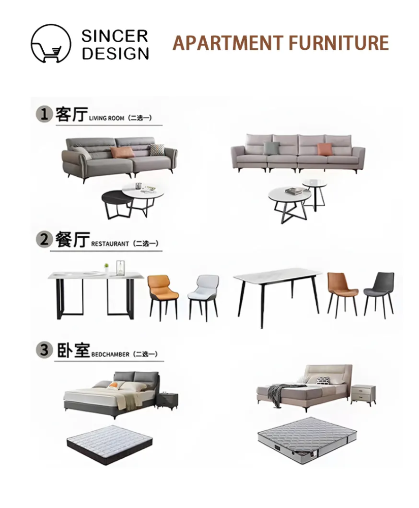Modern Home Furniture 10 pcs Package Including Living Room Sofa Coffee Table Dining Room Table and Bedroom Bed Bedside Table Mattress