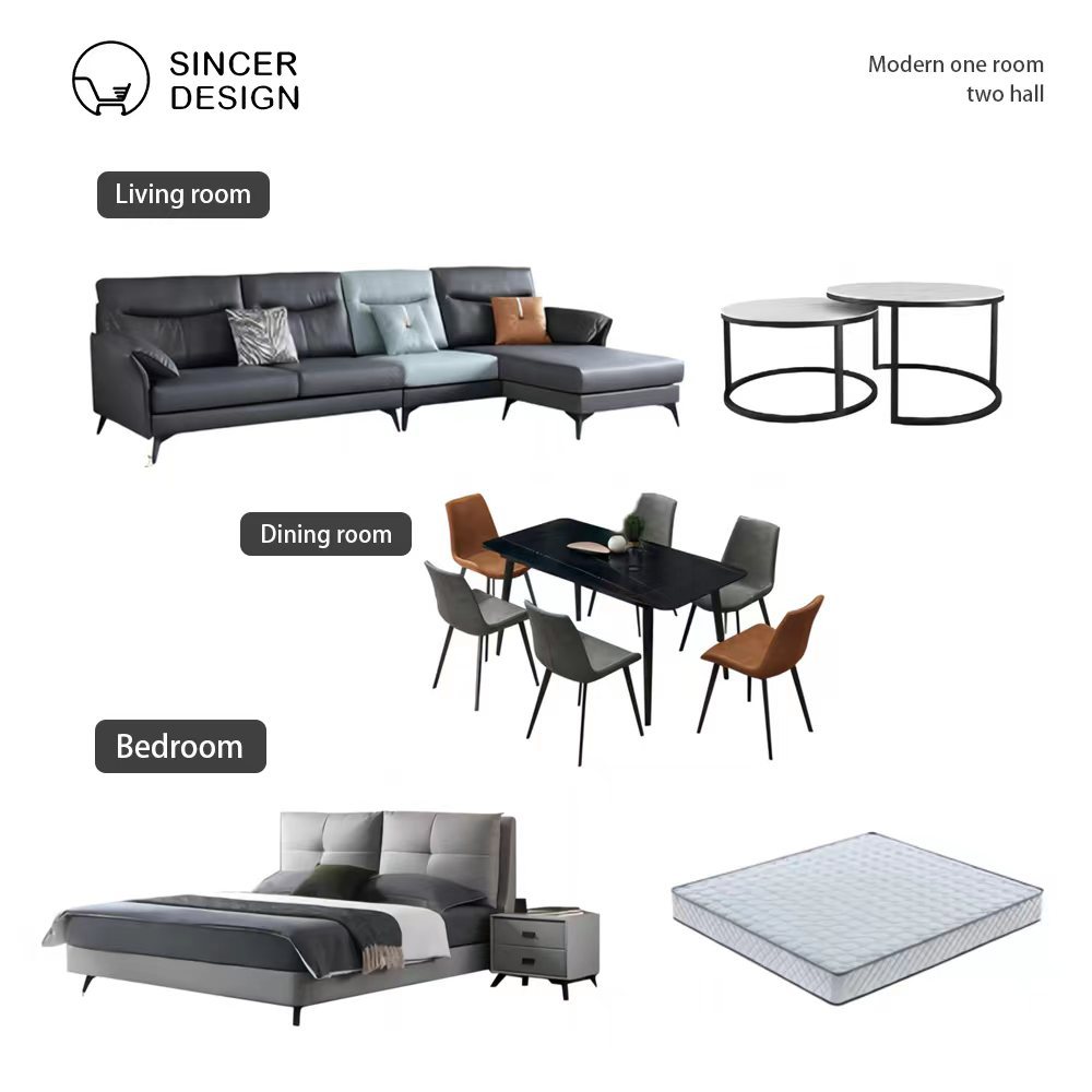 Modern Home Furniture 10 pcs Package Including Living Room Sofa Coffee Table Dining Room Table and Bedroom Bed Bedside Table Mattress