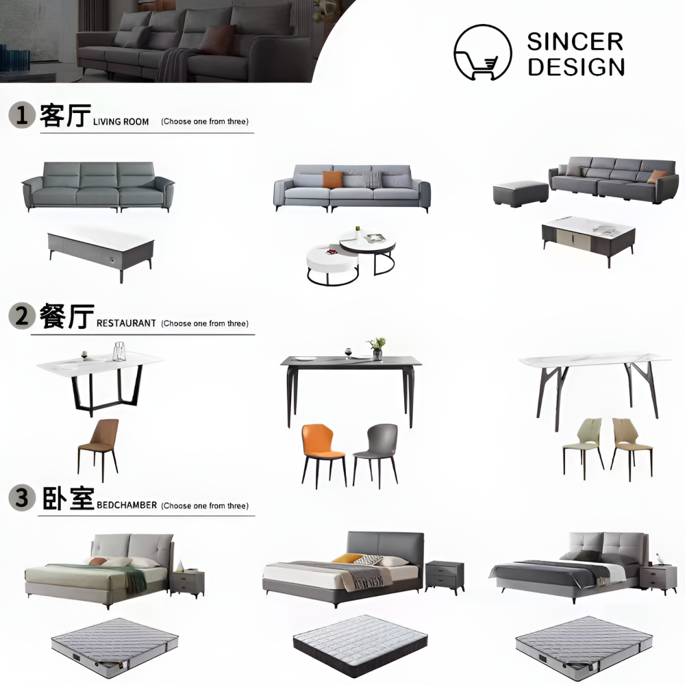 Modern Home Furniture 10 pcs Package Including Living Room Sofa Coffee Table Dining Room Table and Bedroom Bed Bedside Table Mattress