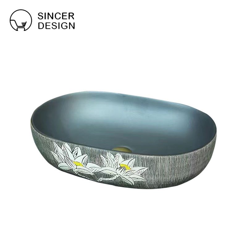 Chinese Retro Ceramic Countertop Basin, Household Wash Basin for Bathroom, Vanity Sink with Filigree Lotus Design, Single Basin