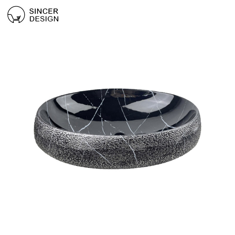 European-style luxurious black oval marble-patterned countertop ceramic washbasin