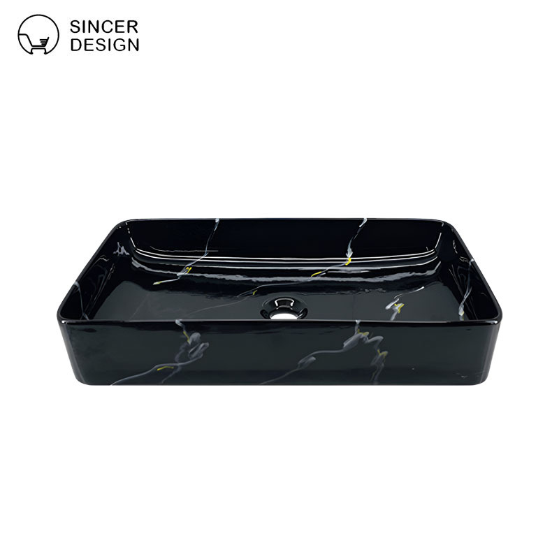 Black marble-patterned rectangular countertop basin, luxurious hotel sink for washing hands, face, and grooming