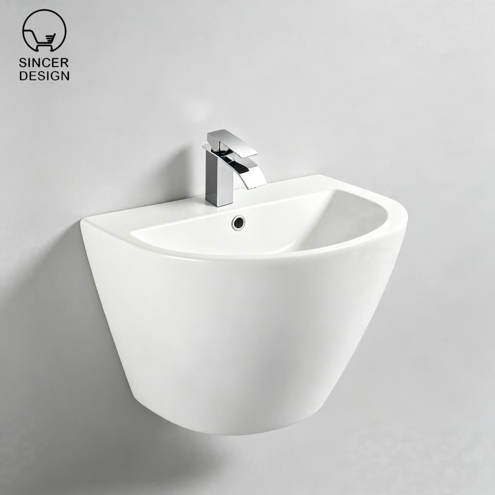 Minimalist Solid Ceramic Wall Mount Vanity Basin, Space-Saving Floating Sink for Modern Small Bathroom