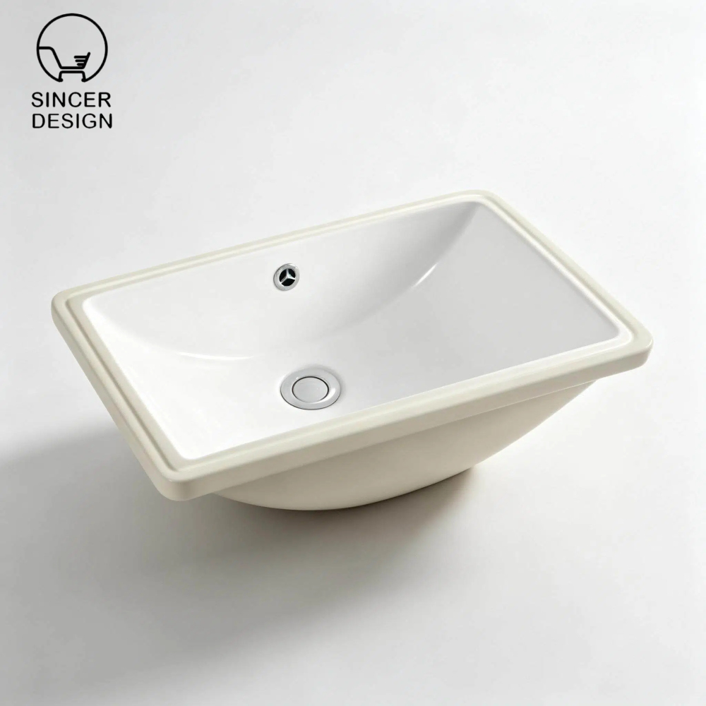 Sincer Design Rectangular Undermount Bathroom Sink, Gloss White Interior Khaki Ceramic Under Counter Wash Basin