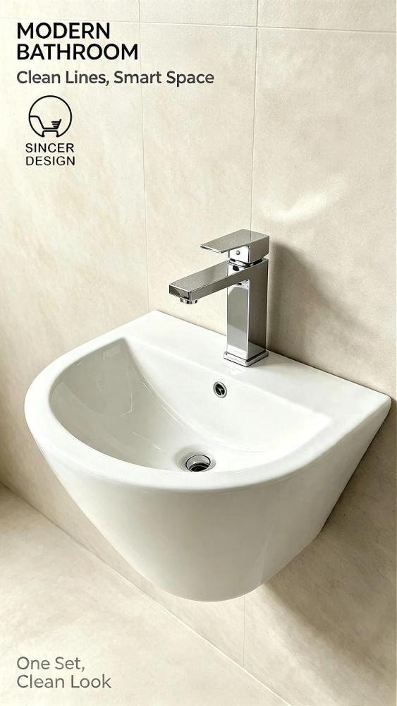 Minimalist Solid Ceramic Wall Mount Vanity Basin, Space-Saving Floating Sink for Modern Small Bathroom