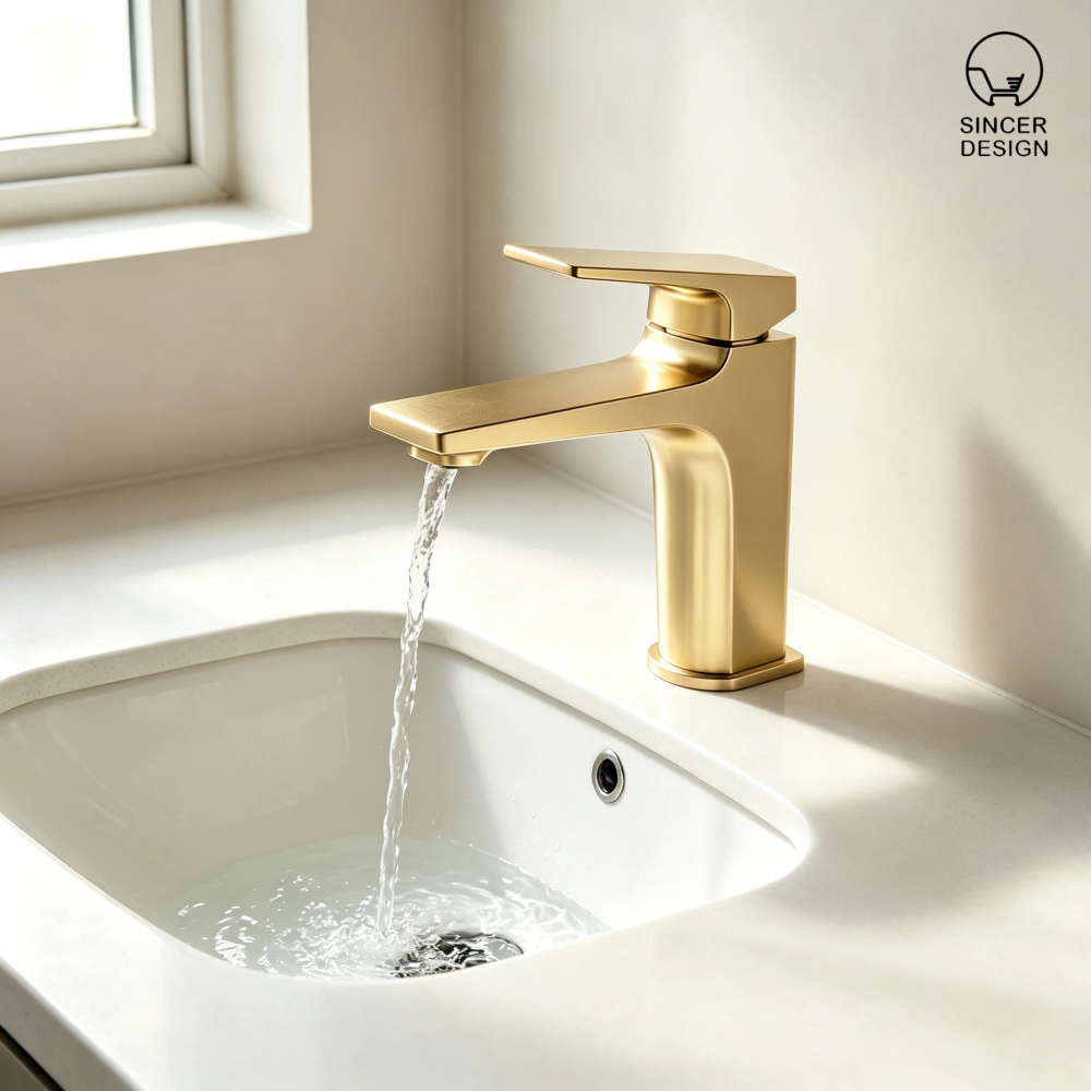 Brushed Gold Bathroom Sink Faucet, Single Handle Modern Vanity Basin Mixer Tap for Countertop Wash Basin