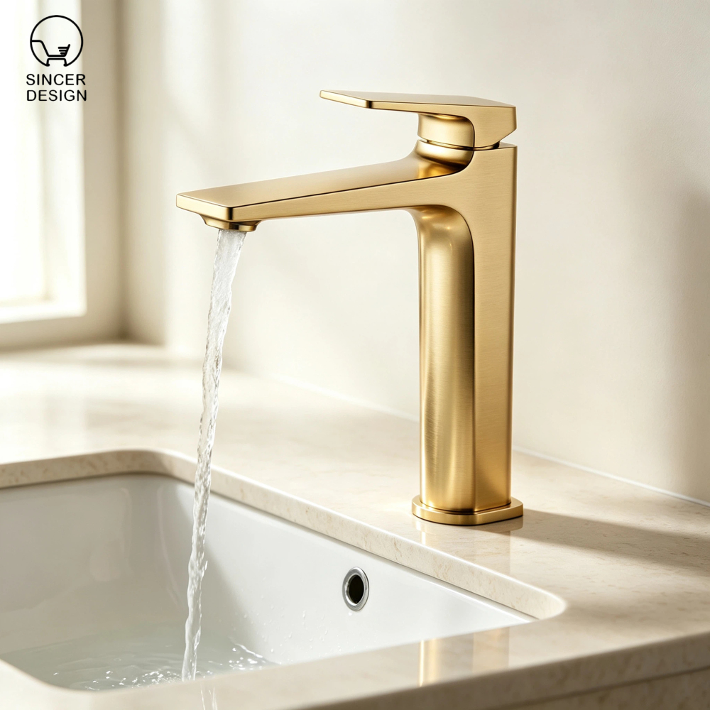 Contemporary Brushed Gold Wash Basin Faucet, Smooth Flow Single Handle Bathroom Tap for Home Hotel