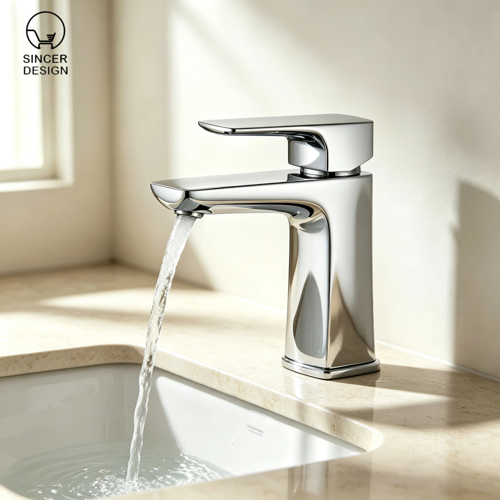 Polished Chrome Single Handle Bathroom Sink Faucet, Modern Square Vanity Basin Mixer Tap for Countertop Wash Basin