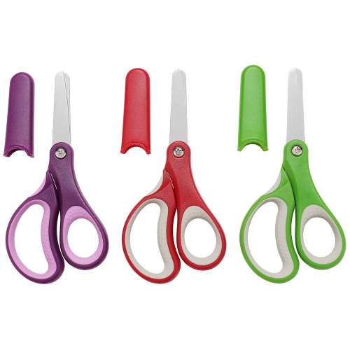 Small School Student Blunt Kids Craft Scissors, Sharp Stainless Steel Blades Safety Comfort Grip for Children Cutting Paper, Assorted Color, 3 Pack