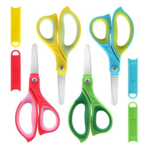 Kids Scissors Blunt Safety: 5” Left &amp; Right Handed Small School Scissors Stainless Steel Blades Child Craft Scissors with Cover for Toddlers Students Teachers Classroom Children, 4 Pack