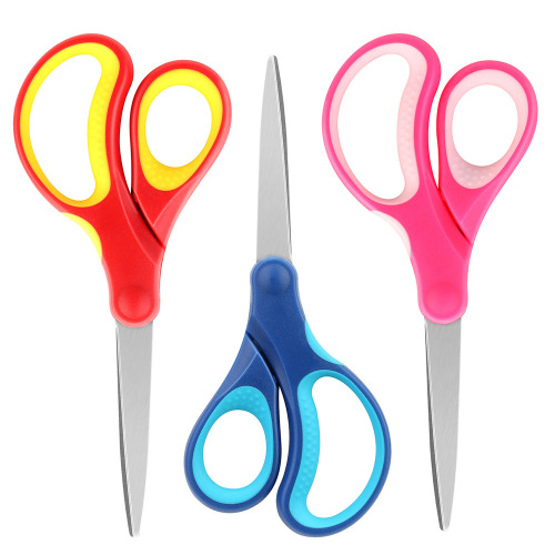 7" Student Scissors, Sharp Stainless Steel Pointed Tip Blades Shears for Middle School Kids Crafting Project, Comfort Right/Left-handed, Assorted Color, 3 Pack