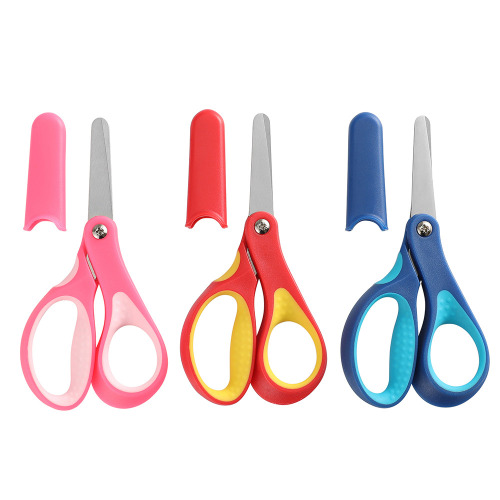 5" Small School Student Blunt Kids Craft Scissors, Sharp Stainless Steel Blades Safety Comfort Grip for Children Cutting Paper, Assorted Color, 3 Pack