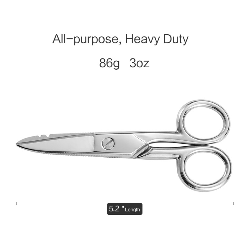 5-1/5 Inch Heavy Duty Electrician Scissors, Professional Forged Stainless Steel Electrical Shears with Notches for Industrial Stripping, Cutting Telecom Cable, Wire