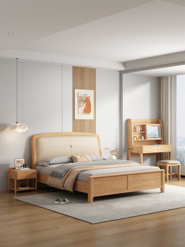 Ash Wood Solid Bed With Upholsterd Bed Headboard B...