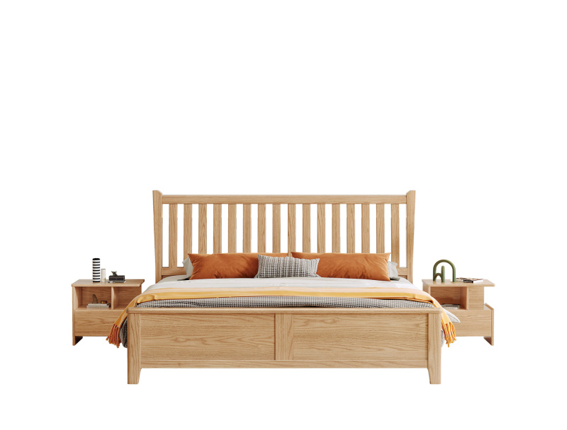 Ash Wood Solid Bed With Upholsterd Bed Headboard B3108