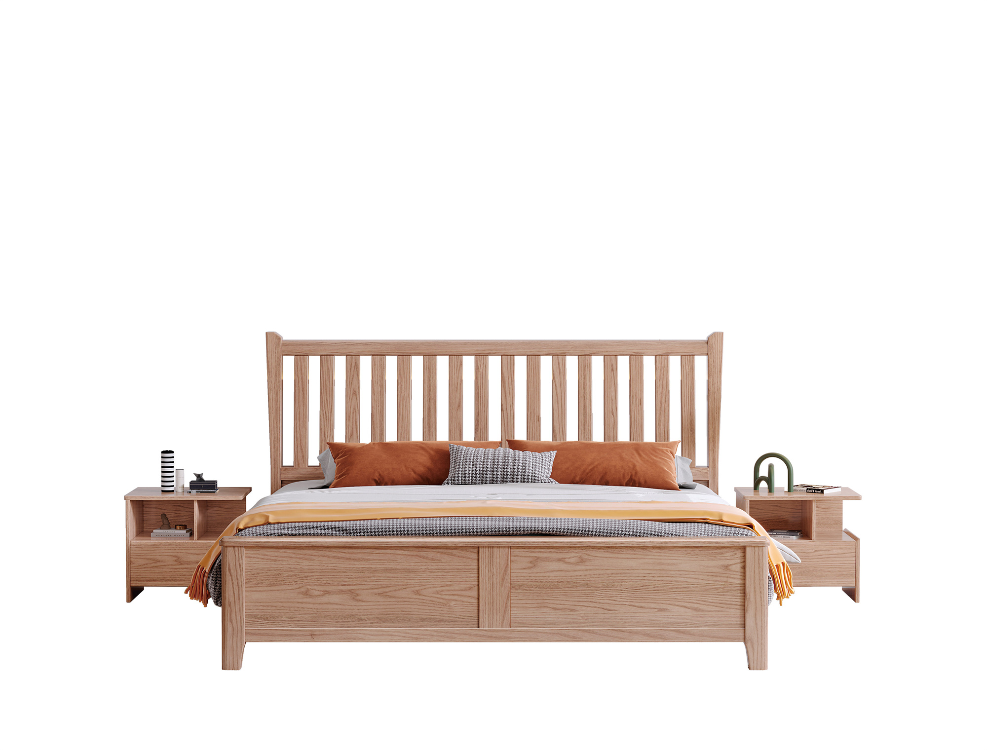 Ash Wood Solid Bed With Upholsterd Bed Headboard B3108