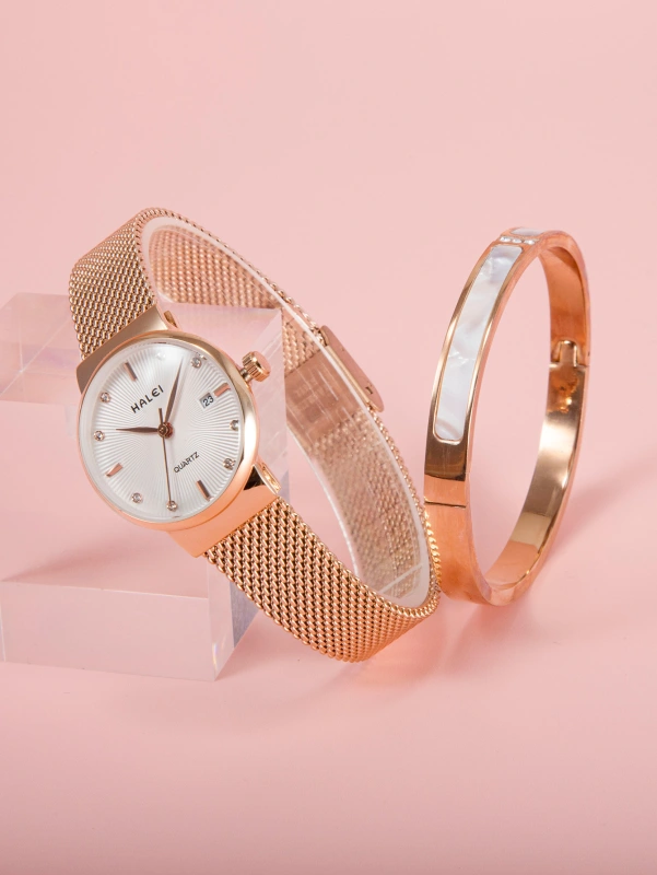 Fashion Women Mesh Strap Quartz Wrist Watch With Bracelet For Daily Life