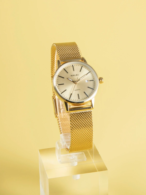 Gold Mesh Strap Round Pointer Quartz Watch With 1pc Bracele for Girl