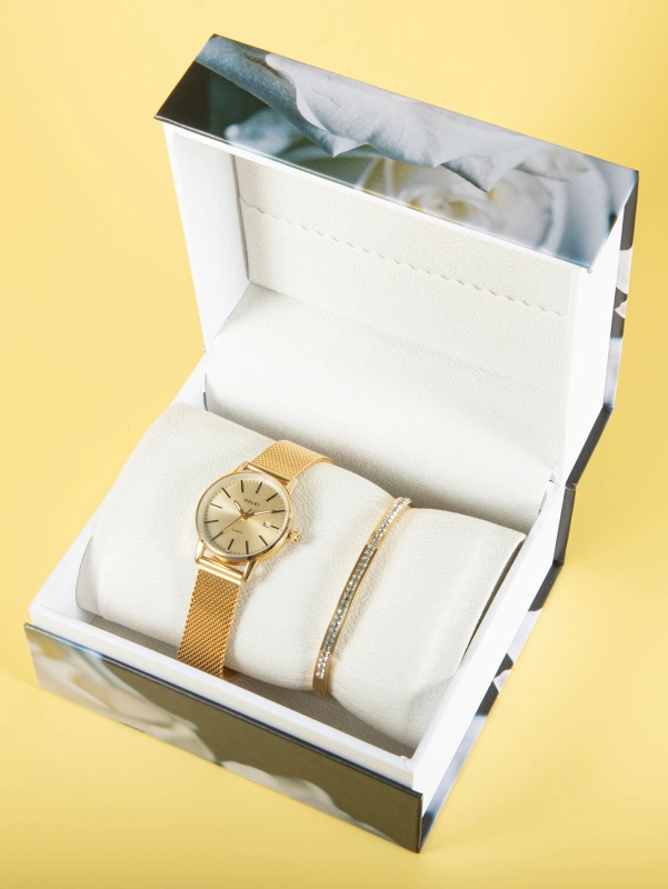 Gold Mesh Strap Round Pointer Quartz Watch With 1pc Bracele for Girl