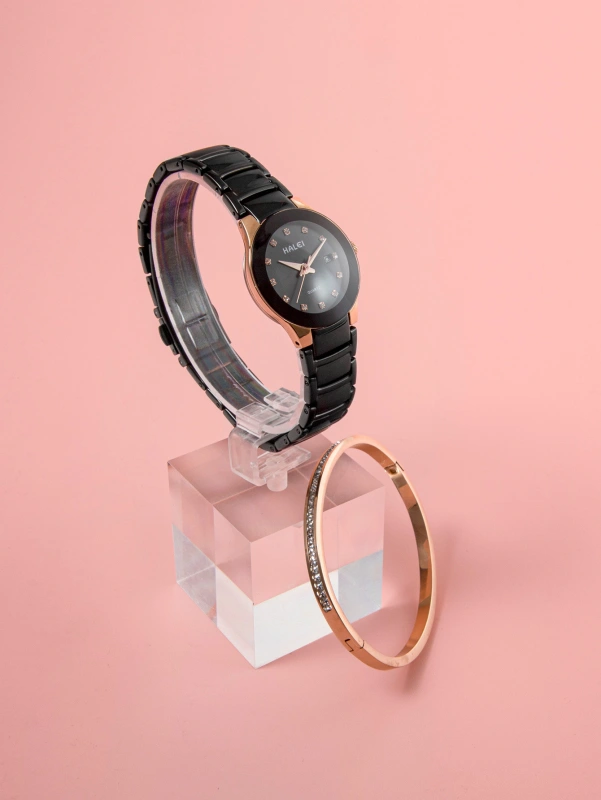 Ladies Steel Strap Fashionable Simple Diamond Scale Dial Quartz Watch Bracelet Jewelry Set