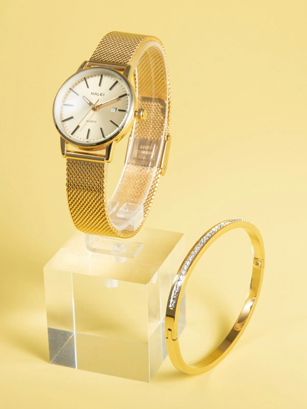 Gold Mesh Strap Round Pointer Quartz Watch With 1pc Bracele for Girl