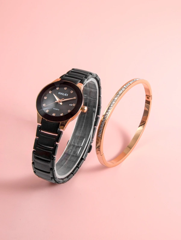 Ladies Steel Strap Fashionable Simple Diamond Scale Dial Quartz Watch Bracelet Jewelry Set