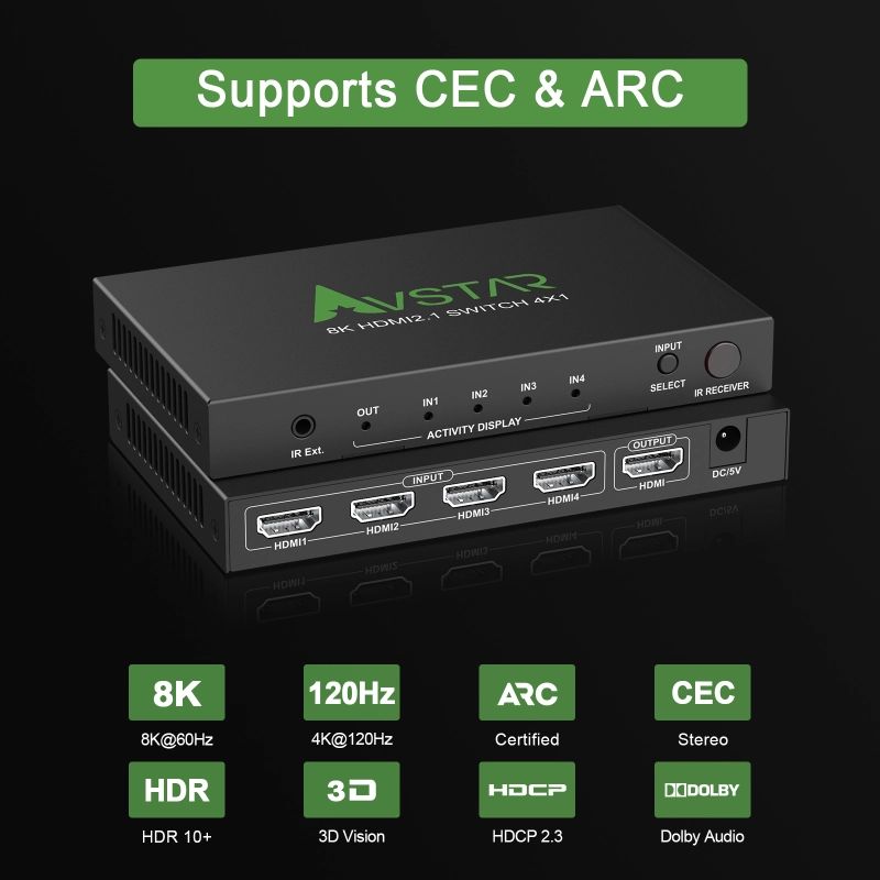 HDMI Switch 8K 4x1 4K 120Hz VRR G/Sync CEC ARC Atmos - HDMI 2.1 Switcher 4  in 1 Out 240Hz 144Hz HDCP Bypass 4 Port Selector,IR Remote for QLED Game
