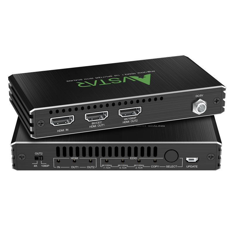 4K@120Hz HDMI 2.1 Splitter 1x2,48Gbp, VRR, EDID Option, Downscale, HDR Dolby Vision Atmos,8K HDMI Splitter 1 in 2 Out