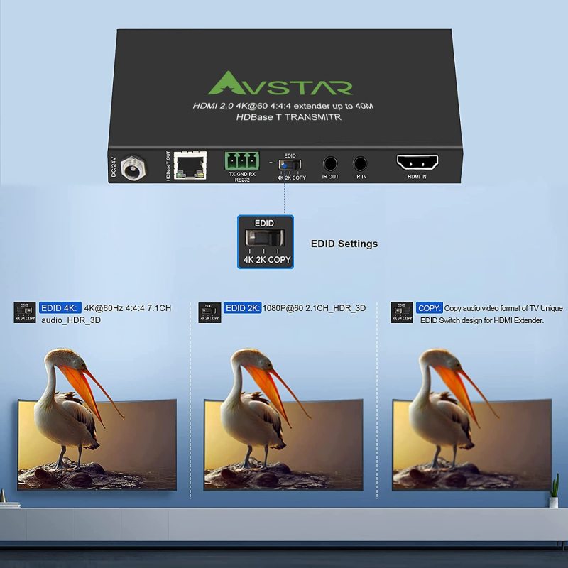 4K 60Hz HDMI Extender Over Ethernet Over Cat5e Cat6 to 40m(165ft)/ 70m (230ft), CEC+RS232+POE+IR+HDCP2.2+EDID