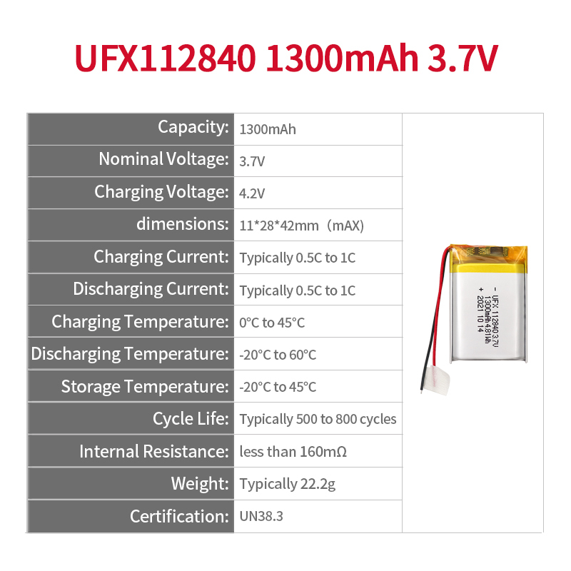 Lithium-ion Cell Factory Custom for Massager High Voltage Battery UFX112840 3.7V 1300mAh Rechargeable Li-polymer Battery