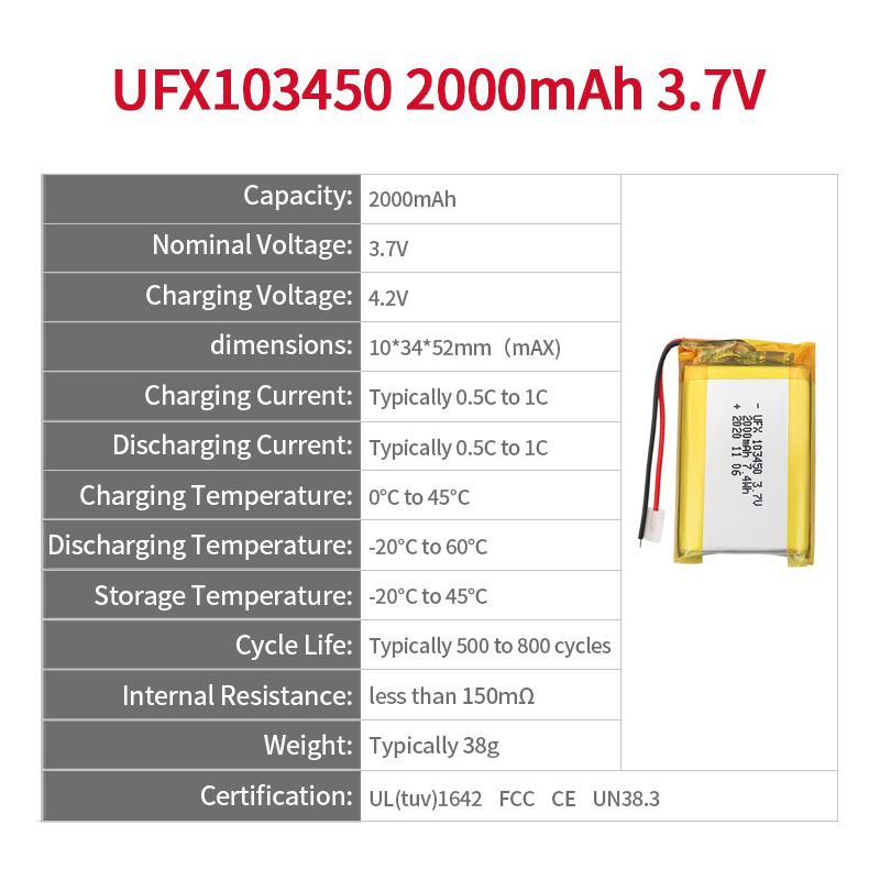 Chinese Cell Factory Professional Custom for Li-ion Battery UFX 103450 3.7V 2000mAh Rechargeable Battery