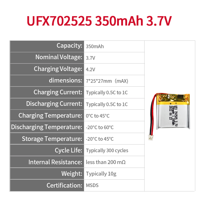 UFX702025 350mAh 3.7V China Lithium-ion Cell Factory Professional Custom