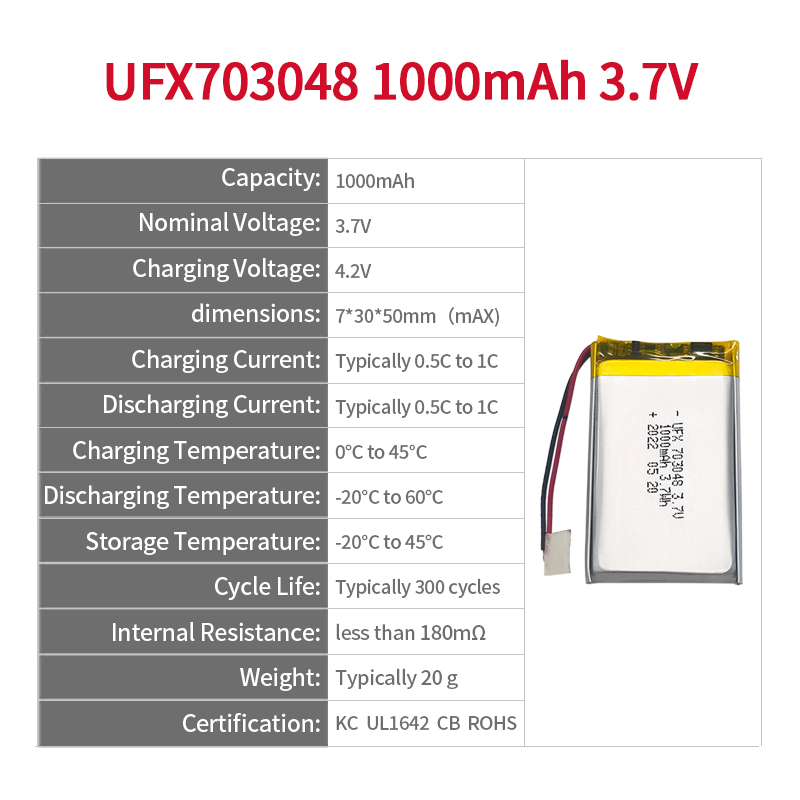 UFX703048 1000mAh 3.7V China Lithium-ion Cell Factory Professional Custom