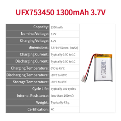 UFX753450 1300mAh 3.7V China Lithium-ion Cell Factory Professional Custom