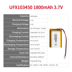 Lithium-ion Cell Factory Supply Led Light Battery UFX 103450 1800mAh 3.7V Li-ion Rechargeable Battery Pack