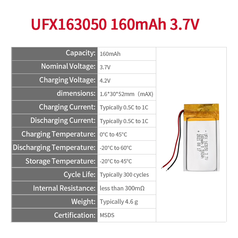Li-ion Cell Supplier Custom Tablet Computer Battery UFX 163050 160mAh 3.7V Low Self-discharge Lipo Battery