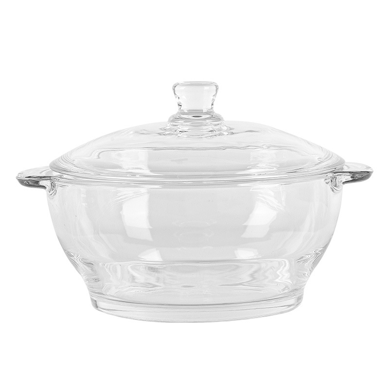 Round Pyrex glass pot with lid