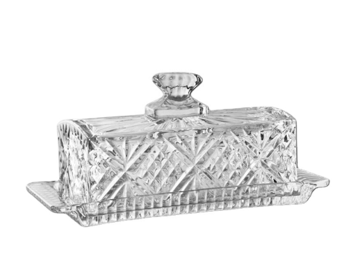 Clear glass butter dish with lid