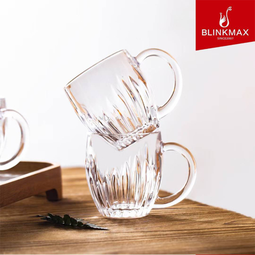 Hxglass Wholesale Transparent glass coffee cup custom logo with handle unique shape embossed tea cup mug water glass