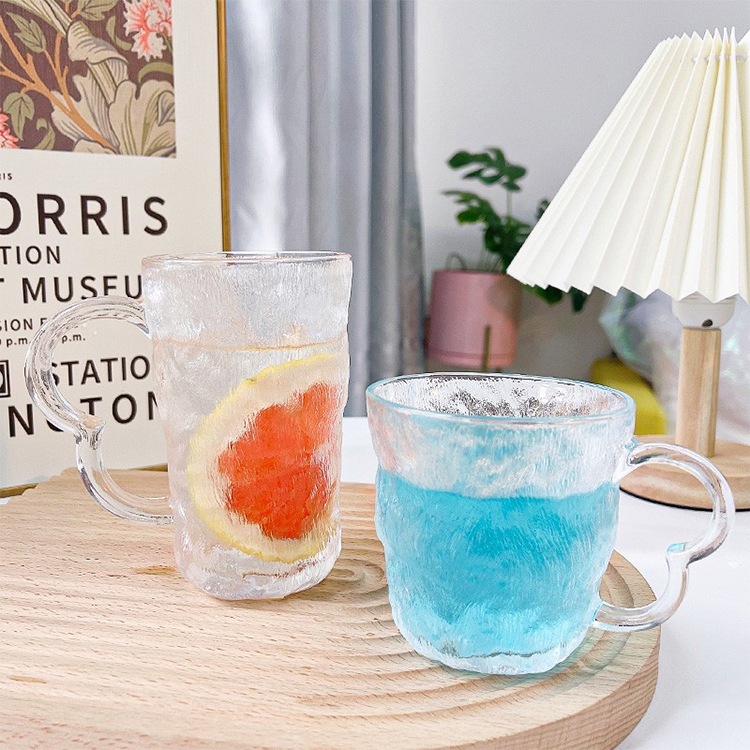 Hxglass japanese style 270ml 350ml Bark pattern tea coffee cup with handle glass tumbler instock Easter day gift