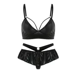 SM性感女王风金属扣绑带三点式皮革比基尼-SM Sexy Queen Style Metal Buckle Strap Three Point Leather Bikini