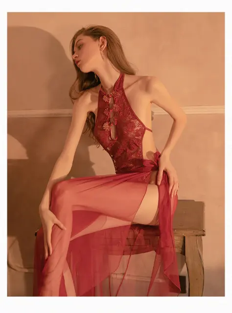 蕾絲繡花連體衣+系帶網紗仙女睡裙套裝-Lace embroidered jumpsuit+lace up mesh fairy nightgown set