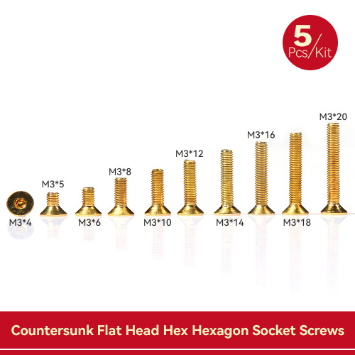 AFRC 5PCS Gold-plated M3x4-20mm Stainless Steel Countersunk Screw with Hexagon Socket For RC Car UAV DIY Assembly Upgrading